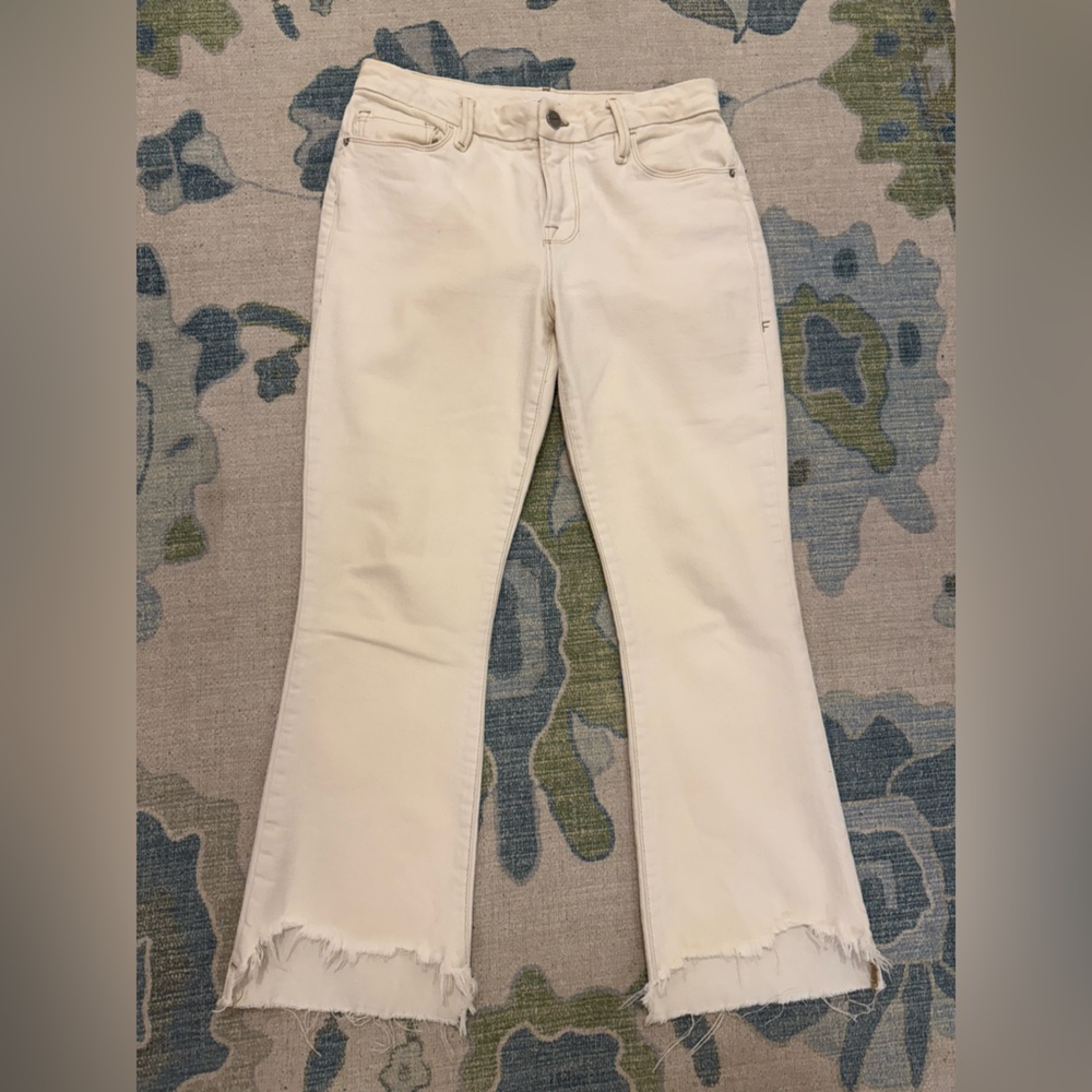 FRAME Le Crop Mini Boot Cream Denim Jeans Frayed Cascade Hem Brown Stitch 27